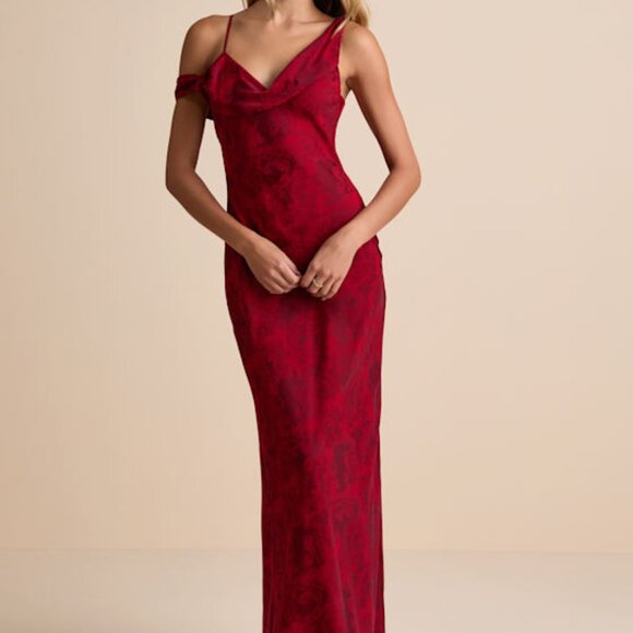 Lulus Minnie Red Satin Jacquard Asymmetrical Maxi Dress - Size S - Picture 1 of 3
